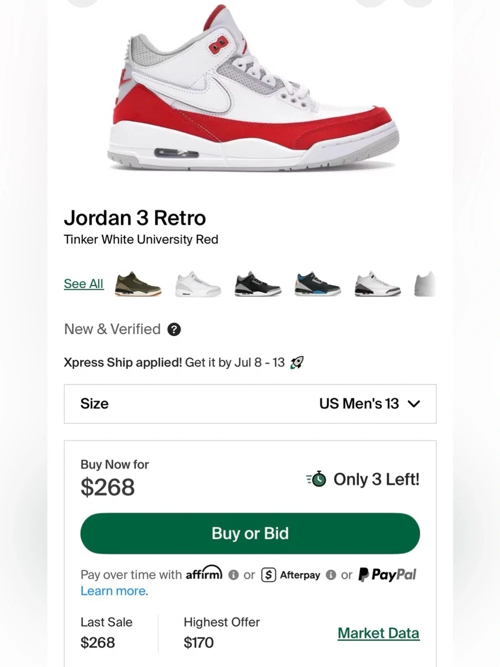 Air Jordan 3 Retro Tinker White University Red 13M